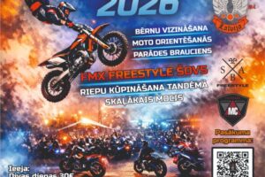 Plakāts par MOTO FESTIVĀLU 2026, kas notiks 10.-11. jūlijā Jēkabpilī, Krustpils brīvdabas estrādē. Attēlā redzams motobraucējs lēcienā izpilda triku ar krosa motociklu un liels motociklistu pūlis naktī. Pasākuma programmā iekļauts: BĒRNU VIZINĀŠANA, MOTO ORIENTĒŠANĀS, PARĀDES BRAUCIENS, FMX FREESTYLE ŠOVS, RIEPU KŪPINĀŠANA TANDĒMĀ, SKAĻĀKAIS MOCIS. Ieeja: Divas dienas 30€. Koncerti 10. un 11. jūlijā no 21:00 ar Ati Ieviņu & The Rock Brothers, Fēliksu Ķiģeli, Kreiso Krastu un DJ Shamanu.