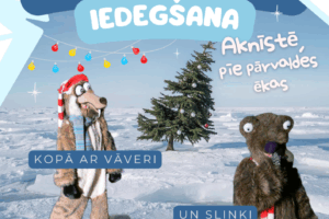 Plakāts aicina uz Ziemassvētku egles iedegšanas pasākumu Aknīstē. Attēlā redzama izrotāta egle sniegotā ainavā kopā ar diviem tērptiem varoņiem – vāveri ar sarkanu cepuri un slinku. Plakātā teikts: "7. DECEMBRĪ PLKST. 16.00. SVĒTKU EGLES IEDEGŠANA Aknīstē, pie pārvaldes ēkas. KOPĀ AR VĀVERI UN SLINKI NO LEDUS LAIKMETA." Apakšā piebilde: "Pasākuma laikā var tikt fotografēts un filmēts, materiāli informatīvos nolūkos var tikt publicēti novada mājaslapā, informatīvajos izdevumos un citos sociālajos tīklos.