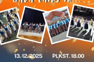 Plakāts ar oranži zilu fonu un zelta konfeti, kurā VPDK Augšzeme aicina uz 40 gadu jubilejas koncertu "Visskaistākais gada laiks ir...". Trīs fotogrāfijās redzami "Augšzeme" dejotāji latviešu tautastērpos. Pasākums notiks 2025. gada 13. decembrī plkst. 18.00 Viesītes Kultūras centrā "Sēlija". Piedalās VPDK "Augšzeme", TDA "Austris", TDA "Dzintariņš", TDK "Viznīši". Ieeja bez maksas.