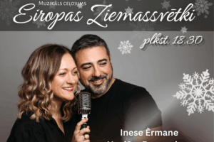 Plakāts Ziemassvētku koncertam ar smaidīgu dziedātāju pāri, sieviete tur mikrofonu, fonā sniegpārslas. Teksts: Biržu Tautas namā. 18. decembrī, plkst. 18.30. Muzikāls ceļojums Eiropas Ziemassvētki. Piedalās: Inese Ērmane, Havjērs Fernandess. Aleksandrs Kuzmins – ģitāra. Lauris Amantovs – akordeons, trompete, trombons. Ieejas maksa: 10,- EUR. Biļetes iespējams iegādāties Biržu Tautas namā vai rezervēt, zvanot 20271641. Pasākuma laikā var tikt fotografēts un filmēts, materiāli informatīvos nolūkos var tikt publicēti novada mājaslapā, informatīvajos izdevumos un citos sociālajos tīklos.