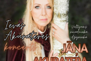 Plakāts ar gaišmatainu sievieti, Ievu Akurateri, kas balstās pret bērza stumbru, un tekstu: BIRŽU TAUTAS NAMĀ 25. JANVĀRĪ PLKST. 16.00 Ievas Akurateres koncerts. Veltījums novadnieka, dzejnieka JĀŅA AKURATERA 150. JUBILEJAS GADAM. Ieeja: 5€; 7€. Biļetes iespējams iegādāties Biržu Tautas namā vai rezervēt, zvanot 20271641. JĒKABPILS NOVADA KULTŪRAS PĀRVALDE.