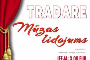 Afiša ar sarkanu teātra priekškaru kreisajā pusē un tekstu uz balta fona. JĒKABPILS NOVADA KULTŪRAS PĀRVALDE. 1. FEBRUĀRĪ PLKST. 13.00 LONES TAUTAS NAMĀ. MAZZALVES AMATIERTEĀTRA TRADARE izrāde "Mūzas lidojums". Autors R. MISSŪNE, režisore Silvija LISOVSKA. IEEJA: 3,00 EUR. Laipni aicināti! Apakšā piezīme: Pasākuma laikā var tikt fotografēts un filmēts, materiāli informatīvos nolūkos var tikt publicēti novada mājaslapā, informatīvajos izdevumos un citos sociālajos tīklos.