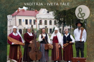 Jēkabpils Tautas nama priekšā, stāv seši Sēļu tradicionālās mūzikas grupas "Krāce" dalībnieki tautastērpos ar tradicionāliem instrumentiem. Attēlā redzamais teksts paziņo par pasākumu: JĒKABPILS TAUTAS NAMĀ Danču vakars Ar Sēļu tradicionālās mūzikas grupu "Krāce" VADĪTĀJA - IVETA TĀLE. Pasākums notiks 5.FEBRUĀRĪ PLKST.18.00, CENA 5,- EUR. Biļetes Jēkabpils Tautas nama kasē. Attēlā redzams arī Jēkabpils Novada Kultūras pārvaldes logotips.