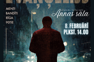 Filmas plakāts "Tumšzilais Evaņģēlijs". Centrālajā daļā redzams vīrietis tumšā mētelī, stāvot ar muguru pret skatītāju uz blāvi apgaismotas pilsētas ielas. Plakātā ir uzraksti: "KRIMINĀLĀS EKSELENCES FONDA KOMANDA PIEDĀVĀ. TUMŠZILAIS EVANGĒLIJS. MENTI BANDĪTI RĪGA 90TIE. ATAŠIENES TAUTAS NAMS Annas sāta. 8. FEBRUĀRĪ PLKST. 14.00. IEEJA 3,- EUR".