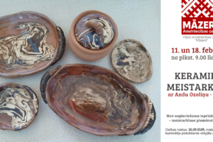 Vairāki keramikas trauki ar marmorētu brūnu, baltu un melnu rakstu, tostarp šķīvji, bļodas un vāks ar podiņu. Blakus teksts: MĀZERS Amatu centrs Vīpes amatniecības centrā "Māzers" aicina uz KERAMIKAS MEISTARKLASI ar Andu Ozoliņu - Krūmiņu, kas notiks 11. un 18. februārī no plkst. 9.00 līdz 12.00. Nav nepieciešama iepriekšēja pieredze – meistarklase piemērota ikvienam! Dalības maksa: 20,00 EUR, materiāli iekļauti cenā. Iepriekšēja pieteikšanās obligāta zvanot: 29283717.