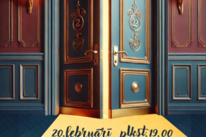 Plakāts ar grandiozām, tumši zilām dubultdurvīm, kuras ir nedaudz atvērtas, atklājot spožu gaismu. Virs durvīm ir ovāla plāksne ar uzrakstu: "LAULĪBAS TRENIŅU AĢENTŪRA". Zem durvīm uz dzeltena paklāja lasāms: "20. februārī plkst. 19.00 ĀBELU TAUTAS NAMĀ". Tālāk sniegta informācija par izrādi: "Spungēnu Tautas nama amatiertēātra “Savējie” izrāde “Laulības treniņu aģentūra” M.Zile Režisore Aija Vetere". Attēla labajā pusē redzami divi savstarpēji savijušies zelta laulības gredzeni. Papildinformācija: "IEEJA: 3,-EUR", "Pasākuma laikā var tikt veikta fotografēšana un filmēšana publicitātes nolūkos" un Jēkabpils novada Kultūras pārvaldes logo.