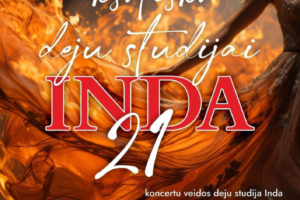 Plakāts ar sievieti plūstošā kleitā, kas saplūst ar oranžām liesmām. Virsraksts: "eksotisko deju studijai INDA 21". Plakātā redzams teksts: "Jēkabpils Tautas namā 21.02.2026. plkst. 18.00". "koncertu veidos deju studija Inda sadarbībā ar deju studijām no sadraudzības pilsētām Latvijā". "Pēc plkst. 21.00 groziņballe ar DJ Jāni Balodi". "Biļetes iepriekšpārdošanā Jēkabpils Tautas nama kasē 10,00 EUR". "Pasākuma dienā 15,00 EUR". "Kases t. nr 20371519". Augšējā labajā stūrī: "JĒKABSPILS NOVADA KULTŪRAS PĀRVALDE".