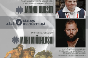 Afisa paziņo par pasākumu "28. FEBRUĀRĪ plkst. 12.00", ar ieeju "BEZ IEEJAS MAKSAS". Attēlā redzami divi portreti un informācija par "TIKŠANĀS AR LITERATŪRZINĀTNIEKI, PUBLICISTI, FOLKLORAS PĒTNIECI JANĪNU KURSĪTI" (blonda sieviete brillēs, tautiskā kreklā) un "RAKSTNIEKU, PUBLICISTU MĀRI MIČEREVSKI" (vīrietis ar bārdu). Pasākums norisināsies "ZĀSĀ SĒLIJAS KULTŪRTELPĀ". "PRIEKŠLASĪJUMU UN SARUNU TĒMAS: MĀRTIŅA BUCLERA FOTO-ETNOGRĀFIJA; NOSTĀSTI UN TEIKAS PAR VILKIEM UN VILKAČIEM". Apakšējā daļā redzama ilustrācija, kas secīgi attēlo cilvēka pārvēršanos par vilkaci un vilku. Zemāk teksts brīdina: "Pasākuma laikā var tikt fotografēts un filmēts, materiāli informatīvos nolūkos var tikt publicēti novada mājaslapā, informatīvajos izdevumos un citos sociālajos tīklos".