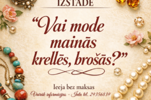 Plakāts par izstādi Lones Tautas namā no 2.03. līdz 20.03. ar nosaukumu "Vai mode mainās krellēs, brošās?". Uz gaiša fona redzamas dažādas vintage stila rotaslietas: kameja broša, pērļu un dzintara auskari, pērļu kaklarota, kaklarota ar krāsainiem akmeņiem un brošas ar spīdīgiem dārgakmeņiem. Ieeja bez maksas. Vairāk informācijas – Info tel. 29356839. Jēkabpils novada Kultūras pārvalde.