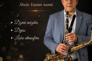 Mūzikas pasākuma plakāts melnā fonā ar zelta gaismas efektiem. Centrālajā daļā redzams vīrietis brillēs, pelēkā žaketē, turot rokās klarneti un saksofonu. Plakāta virsraksts: "6. MARTĀ | PLKST. 22.00 KONCERTBALLE ar ARNI GRAPU Ābeļu Tautas namā". Notikuma apraksts: "Dzīvā mūzika, Dejas, Laba atmosfēra". Sīkāka informācija: "GALDIŅU REZERVĀCIJAI: 29488109 (ANITA)", "IEEJAS MAKSA: 7,00 EUR". Apakšā: "JĒKABPILS NOVADA KULTŪRAS PĀRVALDE 2026". Un mazā teksta piezīme: "Pasākuma laikā var tikt fotografēts un filmēts, materiāli informatīvos nolūkos var tikt publicēti novada mājaslapā, informatīvajos izdevumos un citos sociālajos tīklos".