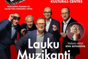 Koncerta plakāts ar grupas "Lauku Muzikanti" pieciem smaidīgiem dalībniekiem sarkanā fonā. Augšā teksts: "6. MARTS KRUSTPILS KULTŪRAS CENTRS". Kreisajā pusē redzams CD ar tekstu "EKSLUZĪVA DZIESMU CD IZLASE TIKAI KONCERTA VIETĀS". Labajā pusē Ievas Sutugovas attēls un teksts "ĪPAŠAIS VIESIS IEVA SUTUGOVA". Grupas nosaukums "Lauku Muzikanti" ir liels, balts, un zem tā teikts "KONCERTPROGRAMMĀ “PAR KO ŠIS STĀSTS”". Apakšā: "PILNA INFORMĀCIJA UN BIĻETES: WWW.BILESUPARADIZE.LV".