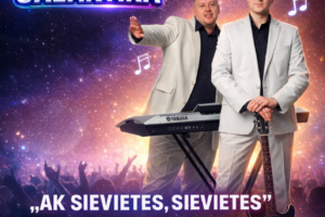 Mūzikas pasākuma plakāts ar diviem vīriešiem gaišos uzvalkos uz zvaigžņotas debess fona, kurā redzamas muzikālās notis un pūļa siluets. Kreisajā pusē vīrietis ar Yamaha sintezatoru, labajā pusē vīrietis ar melnu elektrisko ģitāru. Virsraksts: "GROZĪNBALLE AR 'GRUPU GALAKTIKA'". Pasākuma nosaukums: "AK SIEVIETES, SIEVIETES". Norises vieta: "Dunavas Tautas namā", "7. MARTĀ PLKST. 22.00". Ieejas maksa: "7,- EUR IEPRIEKŠPĀRDOŠANĀ", "10,- EUR BALLES LAIKĀ". Biļešu iegāde un galdiņu rezervēšana zvanot 20239071. Organizē Jēkabpils novada Kultūras pārvalde.