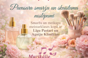 Afiša aicina uz Dāmu pēcpusdienu "Pavasara smaržu un skaistuma noslēpumi" 7. martā plkst.13.00 Vīpes Tautas namā. Plakātā redzamas divas smaržu pudelītes, grima otas un rozā ziedi. Pasākumā notiks smaržu un meikapa meistarklases kopā ar Līgu Pastari un Agniju Klindžāni, kā arī muzikāli pārsteigumi. Pieteikšanās, zvanot 26698880 (Līga) vai 26511654 (Edijs). Ieejas maksa 7,00 EUR. Apakšā piezīme par fotografēšanu un filmēšanu informatīviem nolūkiem.