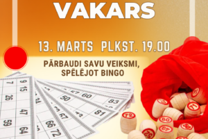Plakāts ar dzelteni oranžu gradienta fonu, reklamē Kūku bibliotēkas rīkoto Bingo vakaru. Centrā liels uzraksts "BINGO VAKARS" un zem tā "13. MARTS PLKST. 19.00". Attēlā kreisajā pusē ir izklātas baltas bingo kartītes ar skaitļiem, bet labajā pusē sarkans auduma maisiņš ar no tā izbirusiem koka bingo rituļiem. Apakšdaļā redzami sarkani apaļi marķieri. Plakāta teksts: "KŪKU BIBLIOTĒKĀ", "PĀRBAUDI SAVU VEIKSMI, SPĒLĒJOT BINGO", "MUZIKĀLIE PĀRSTEIGUMI! VIETU SKAITS IR IEROBEŽOTS! 5,00 EUR (Biļetes iepriekšpārdošanā Zīlānu Tautas namā zvanot 26511654 vai Jēkabpils novada Kūku bibliotēkā), pasākuma dienā 10,00 EUR". Apakšā redzams Jēkabpils novada Kultūras pārvaldes logotips ar gadu "2026" un paziņojums: "Pasākuma laikā var tikt fotografēts un filmēts, materiāli informatīvos nolūkos var tikt publicēti novada mājaslapā, informatīvajos izdevumos un citos sociālajos tīklos".