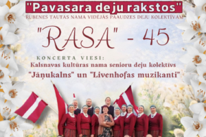 Plakāts Rubenes tautas nama deju kolektīva "Rasa" 45 gadu jubilejas koncertam "Pavasara deju rakstos", kas notiks 21. martā plkst. 18.00 Rubenes tautas namā 2026. gadā. Attēlā redzama dejotāju grupa tautas tērpos ar Latvijas karogiem. Koncertā piedalīsies arī Kalsnavas kultūras nama senioru deju kolektīvs "Jāņukalns" un "Livenhofas muzikanti". Pasākumu rīko Jēkabpils novada kultūras pārvalde. Ieeja bez maksas. Sīkāka informācija: Tel. 26671801.