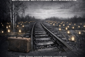 Plakāts ar dzelzceļa sliedēm, kas stiepjas tālumā zem drūmām debesīm, simbolizējot deportācijas. Gar sliedēm un apkārtnē izvietotas daudzas iedegtas svecītes, bet priekšplānā atrodas vecs čemodāns. Augšā teksts: "JĒKABPILS NOVADA KULTŪRAS PĀRVALDE 25.03.2026. Atašienes pagastā 25. MARTS KOMUNISTISKĀ GENOCĪDA UPURU PIEMIŅAS DIENA. MĒS PIEMINĀM. MĒS ATCERAMIES. MĒS NEAIZMIRSTAM." Zemāk informācija: "Visas dienas garumā iedegsim svecītes pie Piemiņas akmens Atašienes centrā. PLKST. 15.00 PIEMINOT REPRESIJĀS CIETUŠOS - SVĒTBRĪDIS ATAŠIENES BAZNĪCĀ. PLKST. 16.00 FILMA "DZIMUŠI SIBĪRIJĀ. MĀRTIŅŠ VILSONS" ATAŠIENES TAUTAS NAMĀ. BEZ IEEJAS MAKSAS.