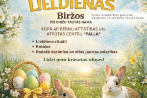Lieldienu plakāts ar diviem zaķiem, grozu un uz zemes izkaisītām krāsotām olām, ziedošiem ķiršu zariem un tauriņu. Teksts: 5. aprīlī Plkst. 13.00 JAUTRĀS LIELDIENAS Biržos PIE BIRŽU TAUTAS NAMA. Sliktu laikapstākļu gadījumā pasākums notiks Biržu Tautas namā. KOPĀ AR BĒRNU ATTĪSTĪBAS UN ATPŪTAS CENTRU "PALLA". Lieldienu rituāli, rotaļas, radošā darbnīca un citas jautras izdarības. Līdzi ņem krāsotas oliņas! Bezmaksas pasākums. JĒKABPILS NOVADA KULTŪRAS PĀRVALDE. 2026. Pasākuma laikā var tikt fotografēts un filmēts, materiāli informatīvos nolūkos var tikt publicēti novada mājaslapā, informatīvajos izdevumos un citos sociālajos tīklos.