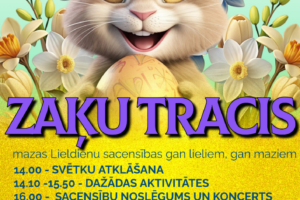 Plakāts ar smaidīgu animētu Lieldienu zaķi, kas tur dzeltenu rakstainu olu, un pavasara puķēm. Uz plakāta ir teksts: "5. aprīlī plkst. 14.00", "Zīlānos, brīvdabas estrādē "Mārdadzis"", "ZAKU TRACIS", "mazas Lieldienu sacensības gan lieliem, gan maziem". Pasākuma programma: "14.00 - SVĒTKU ATKLĀŠANA", "14.10 - 15.50 - DAŽĀDAS AKTIVITĀTES", "16.00 - SACENSĪBU NOSLĒGUMS UN KONCERTS". Tālāk: "Lieldienu ieskandināšana kopā ar kapelu Bumburneiçys". Apakšā: "JĒKABPILS NOVADA KULTŪRAS PĀRVALDE", "IEEJA - BEZ MAKSAS". Apakšējā rindiņā: "Pasākuma laikā var tikt fotografēts un filmēts, materiāli informatīvos nolūkos var tikt publicēti novada mājaslapā, informatīvajos izdevumos un citos sociālajos tīklos".