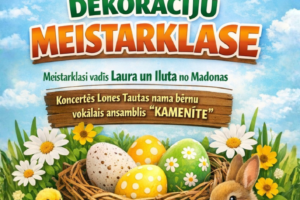 Plakāts aicina uz Lieldienu dekorāciju meistarklasi, kas notiks 6. aprīlī plkst. 13.00 Lones Tautas namā. Meistarklasi vadīs Laura un Iluta no Madonas, un koncertēs Lones Tautas nama bērnu vokālais ansamblis "Kamenīte". Ieeja bez maksas, iepriekšēja pieteikšanās zvanot: +371 29356839 (Inta). Attēlā redzams mazs zaķis, cālēns un ligzda ar krāsainām Lieldienu olām ziedu un zāles ieskāvumā zem gaišām debesīm. Apakšā teksts: Pasākuma laikā var tikt fotografēts un filmēts, materiāli informatīvos nolūkos var tikt publicēti novada mājaslapā, informatīvajos izdevumos un citos sociālajos tīklos. 2026. Jēkabpils novada Kultūras pārvalde.
