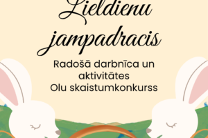 Pasākuma plakāts ar diviem baltiem zaķiem, kas stāv pie groza ar krāsainām Lieldienu olām zaļā ainavā. Teksts: PIE RITES PAGASTĀ PĀRVALDES 06.04. plkst. 13.00 Lieldienu jampadracis. Radošā darbnīca un aktivitātes. Olu skaistumkonkurss. Apakšā redzami logotipi Rites BIBLIOTĒKA JĒKABPILS NOVADS un JĒKABPILS NOVADA KULTŪRAS PĀRVALDE. Piezīme: Pasākuma laikā iespējama fotografēšana un filmēšana publicitātes nolūkos.
