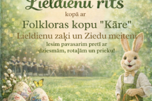 Košs plakāts ar Lieldienu tēmu, attēlojot saulainu zaļu pļavu ar ziediem un Lieldienu rotājumiem. Labajā pusē priecīgs Lieldienu zaķis zaļās kombinezonu biksēs ar tauriņu kaklā tur grozu ar krāsotām olām. Kreisajā pusē ligzdā atrodas dekorētas Lieldienu olas, blakus cālēns un tauriņš, bet fonā redzama folkloras grupa. Plakāta augšpusē ir teksts "6. aprīlī Plkst. 11.00 Rubenu parkā" un atsauce uz "JĒKABPILS NOVADA KULTŪRAS PĀRVALDE". Zem datuma ir piezīme: "Sliktu laikapstākļu gadījumā pasākums notiks Rubenes Tautas namā". Liels virsraksts "Lieldienu rīts" seko ar informāciju par dalībniekiem un aktivitātēm: "kopā ar Folkloras kopu "Kāre" Lieldienu zaķi un Ziedu meiteni. Iesim pavasarim pretī ar dziesmām, rotaļām un prieku!" Plakāta apakšā ir norāde "BEZMAKSAS PASĀKUMS" un gadskaitlis "2026". Pavisam apakšā sīkāks teksts brīdina: "Pasākuma laikā var tikt fotografēts un filmēts, materiāli informatīvos nolūkos var tikt publicēti novada mājaslapā, informatīvajos izdevumos un citos sociālajos tīklos".