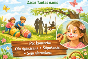 Plakāts Lieldienu koncertam un svinībām, kurā attēloti bērni, kas ripina lielas olas, ģimene ar bērnu šūpolēs un meitene ar zaķa sejas apgleznojumu. Teksts: JĒKABPILS NOVADA KULTŪRAS PĀRVALDE. Lieldienu koncerts un svinības. 6. aprīlis, plkst. 11:00. Zasas Tautas nams. Pēc koncerta: Oļu ripināšana • Šūpošanās • Seju gleznošana. Ieeja bez maksas. Laipni aicināti ģimenes ar bērniem! Pasākuma laikā var tikt veikta fotografēšana publicitātes nolūkos.