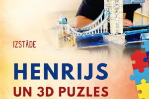 Izstādes plakāts. Centrā smaidīgs zēns ar izkritušu priekšzobu, sēžot aiz uzbūvēta 3D Londonas Tauera tilta puzles modeļa. Teksts: Biržu Tautas namā MAZAJĀ ZĀLĒ NO 13.04. LĪDZ 2.05. IZSTĀDE HENRIJS UN 3D PUZLES. Izstāde apskatāma darba dienās no plkst. 9.00-16.00 vai iepriekš vienojoties par apmeklējumu zvanot 20271641. Labajā pusē redzamas krāsainas puzles detaļas. Apakšā: JĒKABPILS NOVADA KULTŪRAS PĀRVALDE. Kreisajā apakšējā stūrī sarkanā aplī numurs 2026. Pašā apakšā sīkāks teksts: Pasākuma laikā var tikt fotografēts un filmēts, materiāli informatīvos nolūkos var tikt publicēti novada mājaslapā, informatīvajos izdevumos un citos sociālajos tīklos.