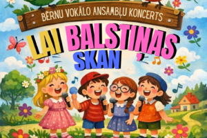 Krāsains karikatūru stila plakāts bērnu vokālo ansambļu koncertam "LAI BALSTIŅAS SKAN". Augšpusē diriģente un dziedoši putni, zemāk četri priecīgi bērni dzied mikrofonos. Teksts: "JĒKABPILS NOVADA KULTŪRAS PĀRVALDE", "18. APRĪLĪ PLKST. 13.00 LONES TAUTAS NAMĀ", "BĒRNU VOKĀLO ANSAMBĻU KONCERTS". Pasākumu vada "BALSTIŅU KRUSTMĀTE - INESE ZĪLE AR PALĪGIEM". "Ieeja bez maksas". "Sazinai: Inta 29356839". Apakšā norāde "2026" un paziņojums: "Pasākuma laikā var tikt fotografēts un filmēts, materiāli informatīvos nolūkos var tikt publicēti novada mājaslapā, informatīvajos izdevumos un citos sociālajos tīklos.