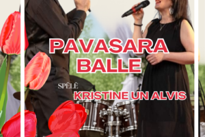 Plakāts ar dziedātāju pāri – vīrieti ar melnu cepuri un sievieti melnā kleitā, abiem dziedot mikrofonos. Fona centrā redzamas bungas. Priekšplānā un malās – sarkanas tulpes. Teksts: SĒLPILS TAUTAS NAMĀ 18. APRĪLĪ PLKST. 21.00. PAVASARA BALLE. SPĒLĒ KRISTĪNE UN ALVIS. Biļetes iepriekšpārdošanā 7,- EUR, Balles laikā 10,- EUR. Galdiņu rezervācija zvanot: 27839598. Apakšā: JĒKABPILS NOVADA KULTŪRAS PĀRVALDE. 2026. Sīkāks teksts: Pasākuma laikā var tikt fotografēts un filmēts, materiāli informatīvos nolūkos var tikt publicēti novada mājaslapā, informatīvajos izdevumos un citos sociālajos tīklos.
