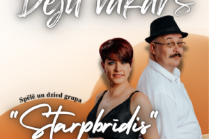 Plakāts ar deju vakara reklāmu Variesu Tautas namā 18. aprīlī plkst. 22.00. Attēlā redzama grupa "Starpbrīdis": smaidīga sieviete ar īsiem sarkaniem matiem melnā kleitā un vīrietis ar ūsām, brillēm un melnu cepuri baltā kreklā. Svarīgākais teksts plakātā: "Deju vakars Variesu Tautas namā 18. aprīlī plkst. 22.00. Spēlē un dzied grupa "Starpbrīdis"". "GALDIŅU REZERVĀCIJAI: 26321351 (ANITA). IEEJAS MAKSA: 7,- EUR". Pasākumu rīko Variesu pagasta pārvalde un Jēkabpils novada Kultūras pārvalde. Ir arī atruna par fotografēšanu un gads "2026".