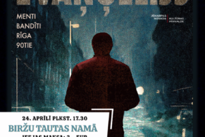 Kino plakāts filmai "TUMŠZILAIS EVAŅĢĒLIJS". Attēlā redzams no muguras tumšā siluetā ietērpts vīrietis, stāvot pretī tumšai, graudainai pilsētas ainavai ar miglainām gaismām fonā. Plakātā ir teksti: "KRIMINĀLĀS EKSELENCES FONDA KOMANDA PIEDĀVĀ", "TUMŠZILAIS EVAŅĢĒLIJS", "MENTI", "BANDĪTI", "RĪGA", "90TIE", "JĒKABPILS NOVADA KULTŪRAS PĀRVALDE". Baltā rāmī seansa informācija: "24. APRĪLĪ PLKST. 17.30 BIRŽU TAUTAS NAMĀ, IEEJAS MAKSA: 3,- EUR". Plakāta apakšā arī norādīts: "KINOTEĀTROS NO 10. OKTOBRA" un "Pasākuma laikā var tikt fotografēts un filmēts, materiāli informatīvos nolūkos var tikt publicēti novada mājaslapā, informatīvajos izdevumos un citos sociālajos tīklos".