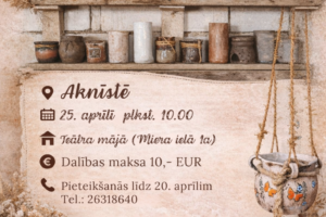 Keramikas meistarklases plakāts ar Zandu Rageli, attēlojot divus koka plauktus ar dažādiem māla traukiem un žāvētiem augiem. Apakšējā kreisajā stūrī ir vāze ar ziediem un bļoda ar keramikas rīkiem. Pasākums notiks Aknīstē, Teātra mājā (Miera ielā 1a) 25. aprīlī plkst. 10.00. Dalības maksa 10,- EUR. Pieteikšanās līdz 20. aprīlim, tel.: 26318640. Meistarklasē būs iespēja izgatavot sev izvēlētu māla trauku. Organizē JĒKABPILS NOVADA KULTŪRAS PĀRVALDE. Pasākuma laikā var tikt fotografēts un filmēts, materiāli informatīvos nolūkos var tikt publicēti novada mājaslapā, informatīvajos izdevumos un citos sociālajos tīklos.