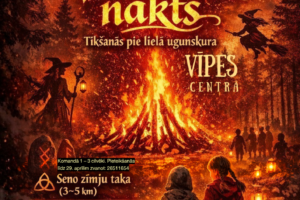 Pasākuma plakāts "Valpurģu nakts", attēlā liels ugunskurs mežā naktī, pilnmēness, lidojošas raganas un bērni ar laternām. Teksts: 30. APRĪLĪ PLKST. 21.00 VĪPES CENTRA. Tikšanās pie lielā ugunskura. Seno zīmju taka (3~5 km), komandā 1–3 cilvēki, pieteikšanās līdz 29. aprīlim zvanot 26511654. Krēslas loks bērniem (1 km), nav nepieciešama iepriekšēja pieteikšanās. BEZ IEEJAS MAKSAS.