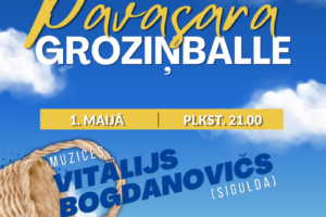 Pasākuma plakāts ar zilu debesu fonu, mākoņiem un sauli. Augšā kreisajā pusē "JĒKABSPILS NOVADA KULTŪRAS PĀRVALDE" logo. Pasākums notiks "BIRŽU TAUTAS NAMĀ". Virsraksts: "Pavasara GROZIŅBALLE". Datums un laiks: "1. MAIJĀ | PLKST. 21.00". Muzicēs "VITALIJS BOGDANOVIČS (SIGULDA)". Attēlā redzams pīts grozs. Biļetes cena iepriekšpārdošanā 10,- EUR, pasākuma dienā 12,- EUR. Vairāk informācijas zvanot: +371 20271641. Apakšā paziņojums: "Pasākuma laikā var tikt fotografēts un filmēts, materiāli informatīvos nolūkos var tikt publicēti novada mājaslapā, informatīvajos izdevumos un citos sociālajos tīklos". Gads "2026" atzīmēts apakšējā kreisajā stūrī.