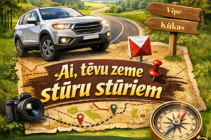 Plakāts ar informāciju par "AUTO FOTO ORIENTĒŠANĀS SPĒLI" 3. maijā plkst. 12.00 Vīpes un Kūku pagastos (starts no jebkuras vietas!). Attēlā redzama balta apvidus automašīna uz līkumota ceļa lauku ainavā ar kokiem un norādes zīmi uz "Vipe" un "Kūkas". Zemāk redzama karte ar maršruta atzīmēm, kompass, fotoaparāts un orientēšanās karodziņš. Plakātā ir uzraksts "Ai, tēvu zeme stūru stūriem" un "Uzdevums: Kurš visātrāk spēs atrast paslēptos kontrolpunktus un sekot norādēm?". "PIETEIKŠANĀS LĪDZ 2. MAIJAM Zvanot: +371 26511654". Apakšējā labajā stūrī norādīts organizators "JĒKABPILS NOVADA KULTŪRAS PĀRVALDE". Minēts arī, ka "Pasākuma laikā var tikt fotografēts un filmēts, materiāli informatīvos nolūkos var tikt publicēti novada mājaslapā, informatīvajos izdevumos un citos sociālajos tīklos.