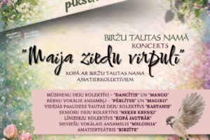 Plakāts ar krāšņu pavasara ziedu (ceriņu, maijpuķīšu, tulpju) fonu un putniņu, paziņojot par koncertu. Teksts: KONCERTS BIRŽU TAUTAS NAMĀ "Maija ziedu virpulī" kopā ar Biržu Tautas nama amatierkolektīviem. 9. maijā plkst. 18.00. Bez ieejas maksas. Uzskaitīti kolektīvi: Mūsdienu deju kolektīvi "Dancītis" un "Mango", Bērnu vokālie ansambļi "Pērlītes" un "Magiko", Vidējās paaudzes tautas deju kolektīvs "Kastanis", Senioru deju kolektīvs "Neķer Kreņķi", Līnijdeju kolektīvs "Kopā Jautrāk", Sieviešu vokālais ansamblis "Melodija", Amatierteātris "Birzīte". Apakšā mazs teksts brīdina: Pasākuma laikā var tikt fotografēts un filmēts, materiāli informatīvos nolūkos var tikt publicēti novada mājaslapā, informatīvajos izdevumos un citos sociālajos tīklos.