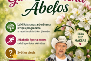 Pasākuma plakāts ar nosaukumu "Ģimenes diena Ābeļos", kas norisināsies 16.05.2026. plkst. 13.00 pie Ābeļu pagastmājas. Fona attēloti rozā un balti ābeļziedi. Plakātā redzams smaidīgs vīrietis kovboju cepurē un rūtainā kreklā, kurš rāda īkšķi uz augšu. Pasākuma programmā ir "LVM Kalsnavas arborētuma izziņas programma ar radošām aktivitātēm ģimenēm" un "Jēkabpils Sporta centra radoši sportiskas aktivitātes", kā arī "Svētku viesis". Dienas daļai "IEEJA BEZ MAKSAS". Plkst. 21.00 notiks "groziņballe kopā ar JĀNI KRŪMIŅU no grupas "Apvedceļš"", kurai "IEEJA BALLĒ 10,- EUR". Apakšā redzams teksts: "Pasākuma laikā var tikt fotografēts un filmēts, materiāli informatīvos nolūkos var tikt publicēti novada mājaslapā, informatīvajos izdevumos un citos sociālajos tīklos." Plakāta apakšējā daļā ir "Jēkabpils novada Sporta centra" un "Jēkabpils novada Kultūras pārvaldes" logo.