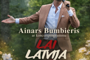 Koncerta plakāts ar dziedātāju Ainaru Bumbieri, kurš gaiši smaidot un ar atvērtu roku žestu tur mikrofonu. Attēla fonā zaļš, izplūdis mežs un priekšplānā ziedi. Teksts: BIRŽU TAUTAS NAMĀ, 17. maijā plkst. 19.00. JĒKABPILS NOVADA KULTŪRAS PĀRVALDE. Ainars Bumbieris ar koncertprogrammu LAI LATVIJA ZIED! Ieejas maksa: 8 € | 10 € | 15 €. Vairāk informācijas: +371 20271641. Piezīme: 2026. Pasākuma laikā var tikt fotografēts un filmēts, materiāli informatīvos nolūkos var tikt publicēti novada mājaslapā, informatīvajos izdevumos un citos sociālajos tīklos.