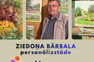 Plakāts par Ziedoņa Bārbala personālizstādi "Vasara Latvijas plenēros". Attēlā redzams mākslinieks Ziedonis Bārbals, vīrietis ar ūsām un brillēm, ko ieskauj viņa gleznas ar ainavu motīviem, un krāsu palete. Teksts: "Krustpils kultūras centrā no 18.maija līdz 7.septembrim", "ZIEDOŅA BĀRBALA personālizstāde", "Vasara Latvijas plenēros", "leeja bez maksas".
