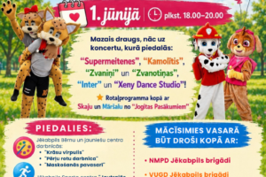 Afiša paziņo par "BĒRNU SVĒTKI JĒKABPILS KENA PARKĀ" ar nosaukumu "IERIPINĀM VASARĀ", kas norisināsies "1. jūnijā, plkst. 18.00–20.00". Attēlā redzami gepardu un "Ķepu patruļas" tēli (Māršals un Skaida), kā arī krāsaini baloni un svētku karodziņi. Koncertā piedalīsies "Supermeitenes", "Kamolītis", "Zvīniņi", "Zvanotīnas", "Inter" un "Xeny Dance Studio", un būs "Rotalprogramma kopā ar Skaju un Māršalu no “Jogitas Pasākumiem”". "PIEDALIES: Jēkabpils Bērnu un jauniešu centra darbnīcās “Krāsu virpulis”, “Pērļu rotu darbnīca”, “Maskošanās pavasarī”; Jēkabpils Sporta centra “Jautrās stafetēs” kopā ar Lūsiju un Lūšēnu; Jēkabpils Bērnu bibliotēkas aktivitātē “Krāsu un stāstu valstībā”; Jēkabpils Mākslas skolas radošajā aktivitātē “Savu pilsētu izkrāso pats”; un “Mobilais Spēļu Parks” aktivitātēs." "MĀCĪSIMIES VASARĀ BŪT DROŠI KOPĀ AR: NMPD Jēkabpils br...