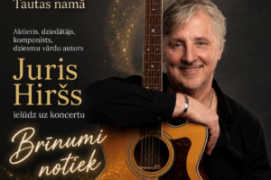 Koncerta plakāts ar smaidīgu vīrieti Juri Hiršu, kurš atbalstās pret akustisko ģitāru. Fons ir tumšs ar zeltainiem mirdzumiem. Teksts plakātā: 12. jūnijā plkst. 19.00 Biržu Tautas namā. Aktieris, dziedātājs, komponists, dziesmu vārdu autors Juris Hiršs ielūdz uz koncertu Brīnumi notiek. Ieejas maksa 5,- EUR, 8,- EUR, 10,- EUR. Vairāk informācijas: +371 20271641. Apakšā redzams: 2026, Jēkabpils novada Kultūras pārvalde. Piezīme: Pasākuma laikā var tikt fotografēts un filmēts, materiāli informatīvos nolūkos var tikt publicēti novada mājaslapā, informatīvajos izdevumos un citos sociālajos tīklos.