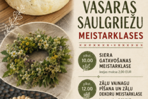 Plakāts, kas paziņo par VASARAS SAULGRIEŽU MEISTARKLASĒM, ko organizē MĀZERS Amatniecības centrs Vīpes amatniecības centrā "Māzers", 18. jūnijā. Attēlā redzams ar garšvielām apkaisīts siers uz koka dēlīša, zāļu vainags no margrietiņām un citiem ziediem, kā arī koka pērlītes rotu izgatavošanai. Meistarklases un to maksa: plkst. 10.00 SIERA GATAVOŠANAS MEISTARKLASE, ieejas maksa 2,00 EUR; plkst. 12.00 ZĀĻU VAINAGU PĪŠANA UN ZĀĻU DEKORU MEISTARKLASE, ieejas maksa 2,00 EUR; plkst. 15.00 ROTU IZGATAVOŠANA NO DABĪGIEM MATERIĀLIEM, ieejas maksa 7,01 EUR. Meistarklases vadīs amatniecības centra radošais kolektīvs. Iepriekšējā pieteikšanās, zvanot Inesei: 29283717. Pasākumu atbalsta JĒKABPILS NOVADA KULTŪRAS PĀRVALDE.