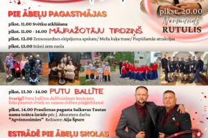 Ābelu pagasta svētki 2026 20. jūnijā Akurātera vasara Ābelos" plakāts. Attēlā redzams smaidošs dziedātājs Normunds Rutulis baltā uzvalkā ar mikrofonu un divi vīrieši (grupas "Galaktika" dalībnieki) uzvalkos. Plakāts satur detalizētu svētku programmu: atklāšana plkst. 11.00, Mājražotāju tirgus, Zemessardzes ekipējuma apskate, Putu ballīte ar ieteikumu ņemt dvieli un drēbes, teātra izrāde "Apvienosimies", amatierkolektīvu koncerts un Normunda Rutuļa uzstāšanās plkst. 20.00, kā arī zaļumballe ar grupu "Galaktika" plkst. 22.00. Iekļautas vairākas mazas fotogrāfijas, kas attēlo svētku dalībniekus un kolektīvus. Ieeja pasākumā ir bez maksas, izņemot balli no plkst. 22.00, kur ieeja ir 10 EUR. Plakātā minēti arī sponsori.
