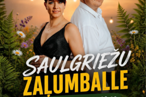 Plakāts reklamē pasākumu "SAULGRIEŽU ZAĻUMBALLE", kas notiks SĒLPILS PAGASTA ZVEJNIEKLIČĪ 20. JŪNIJĀ, PLKST. 22.00. Uz plakāta redzama smaidīga sieviete melnā kleitā un vīrietis baltā kreklā ar cepuri, stāvot uz dabas fona. Spēlēs grupa "Starpbrīdis". Ieejas maksa: 10,- EUR. Vairāk informācijas zvanot +371 27839598.
