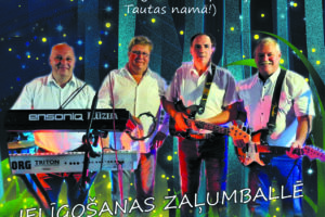 Reklāmas plakāts ar četru vīriešu mūzikas grupas attēlu. Viņi pozē ar instrumentiem – viens pie sintezatora, divi ar ģitārām, viens tur tamburīnu. Teksts: 21. JŪNIJĀ no 22.00 līdz 3.00 LEIMAŅU TAUTAS NAMA ESTRĀDĒ (Nelabvēlīgos laika apstākļos Tautas namā!) IELĪGOŠANAS ZAĻUMBALLĒ GRUPA ILŪZIJA. BEZMAKSAS IEEJA. JĒKABPILS NOVADA KULTŪRAS PĀRVALDE.
