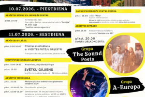Aknīstes pilsētas svētku 2026 plakāts ar virsrakstu "Aknīste svin 35! Aknīstes pilsētas svētki 2026 10.-11. jūlijs". Redzama pasākumu programma ar dažādām aktivitātēm divās dienās, tostarp pilsētas modināšanu ar Viesītes pūtēju orķestri, amatnieku tirgu, svētku gājienu, pludmales volejbolu, radošām darbnīcām bērniem, kā arī lielkoncertu ar grupām The Sound Poets, A-Eiropa un balli ar grupu Jauda. Izrāde "Alfas" par 15 EUR, pārējā Ieeja bez maksas, ja nav norādīts citādāk. Plakātu rotā Aknīstes skati un grupu fotogrāfijas.