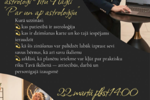 Reklāmas plakāts melnā fonā ar zelta detaļām. Plakāta augšdaļā redzams zodiaka riņķis. Pa labi blondīne Vita Nagli uzvalkā sēž pie galda ar klēpjdatoru, kura ekrānā redzama astroloģiskā karte. Viņa smaida un skatās tieši kamerā. Plakāta kreisajā pusē liels zelta teksts vēsta: "Sarunu pēcpusdiena ar astroloģi Vitu Nagli 'Par un ap astroloģiju'". Zem tā uzskaitīts pasākuma saturs: "Kura uzzināsi: kas patiesībā ir astroloģija, kas ir dzimšanas karte un ko tajā iespējams ieraudzīt, kā šīs zināšanas var palīdzēt labāk izprast sevi savus bērnus, kā arī savu ikdienu, atklāsi, kā planētu ietekme var kļūt par praktisku rīku Tavā ikdienā — attiecībās, darbā un personīgajā izaugsmē." Plakāta apakšdaļā redzama otra fotogrāfija ar Vitu Nagli līdzīgā tērpā, atspiedušos pret dīvānu, blakus puķu vāze. Teksts turpina: "22. martā plkst. 14:00 Atašienes Tautas namā “Annas sēta”, Atašiene, Ceriņu iela ...