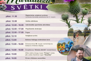 Pasākuma plakāts ar virsrakstu "Manfreda fon Mārdadža SVĒTKI" 23.05.2026. Brīvdabas estrādē Mārdadzis. Attēlā redzama koka ēka ar uzrakstu "Mārdadzis", liels purpura dadzis un vairāki apaļi attēli, kuros redzami volejbolisti, piepūšamās atrakcijas un smaidīgs vīrietis ar mikrofonu. Programma ietver volejbola turnīru, individuālās sportiskās aktivitātes, tirgu, zinātnisko šovu, Zemessardzes militāro displeju, žonglēšanas meistarklases, teātra izrādi, virves vilkšanas sacensības, deju koncertu un balli kopā ar Aldi Grandānu (ieeja 5,- EUR). Liels uzraksts: "IEEJA BEZ MAKSAS VISIEM PASĀKUMIEM LĪDZ PLKST. 22.00". Tiek reklamēta arī Jolantas Abeles izstāde "Sievietes vērtību dārzs".