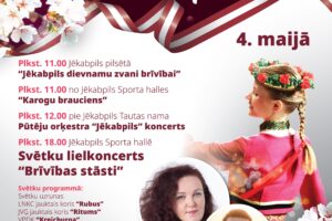 Plakāts aicina uz Latvijas Republikas Neatkarības atjaunošanas gadadienas svētkiem Jēkabpilī 4. maijā. Attēlā redzama jauna meitene tautastērpā ar ziedu vainagu, kas dejo vai pozē, fons izrotāts ar baltiem pavasara ziediem un stilizētu Latvijas karoga lentu. Redzamas arī dziedātājas Ilonas Bageles un tenora Sandja Ulpes portretfotogrāfijas. Pasākumu programma ietver: plkst. 11.00 Jēkabpils pilsētā "Jēkabpils dievnamu zvani brīvībai" un no Jēkabpils Sporta halles "Karogu brauciens"; plkst. 12.00 pie Jēkabpils Tautas nama Pūtēju orķestra "Jēkabpils" koncerts; plkst. 18.00 Jēkabpils Sporta hallē Svētku lielkoncerts "Brīvības stāsti", kurā piedalīsies kori "Rubus" un "Ritums", VPDK "Kreicburga", DA "Pastalnieki", instrumentālā grupa "Migglā", mecosoprāns Ilona Bagele un tenors Sandis Ulpe. Ieeja – bez maksas.