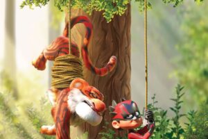 MISIJA IZGLĀBT TĪĢERI" plakāts. Attēlots no koka pakārts, ar virvēm sasietu tīģeri un puika sarkana supervaroņa kostīmā, kas šūpojas virvē. Teksts: Krustpils kultūras centrā 23.janvārī, plkst.18.30. Biļetes Krustpils KC kasē. Cena: 4eur (apmaksa skaidrā naudā).